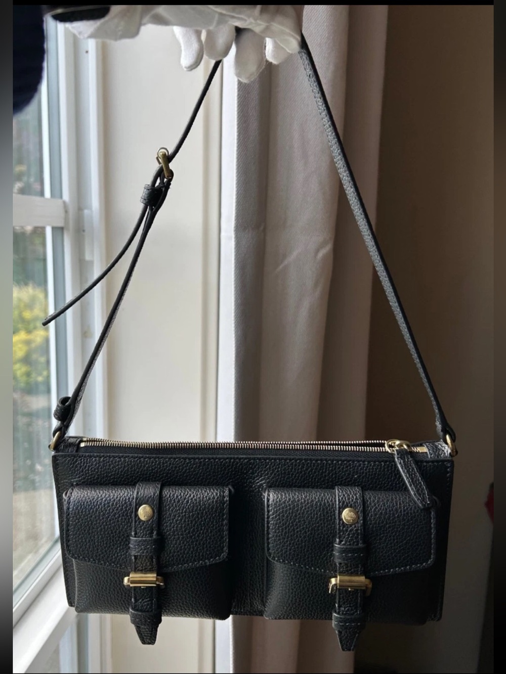 Mulberry Black Pebbled Leather Twin Pocket Shoulder Bag with Gold Buckles
